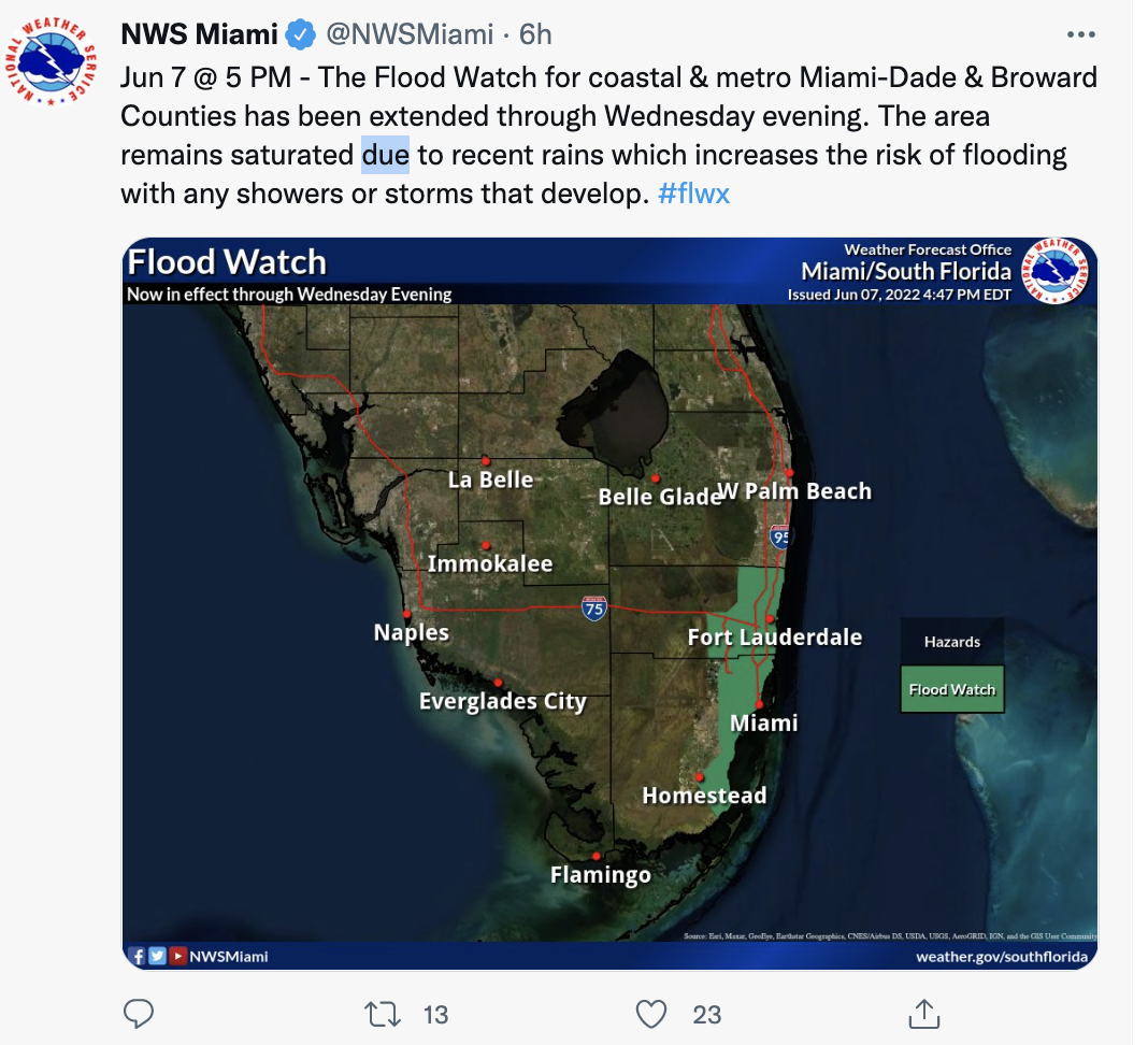 Flood watches for Broward and Miami-Dade County have been extended through Wednesday